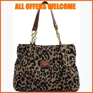 Leopard Print Canvas Shoulder Bag with Leather Handles and Chain Strap